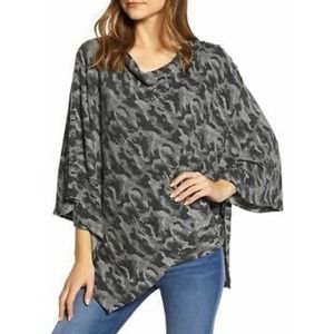 Bobeau Black Grey Camouflage Poncho Cowl Neck Sz XS